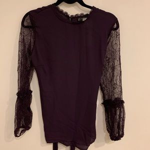 Purple Blouse Lace Sleeves Tie Waist